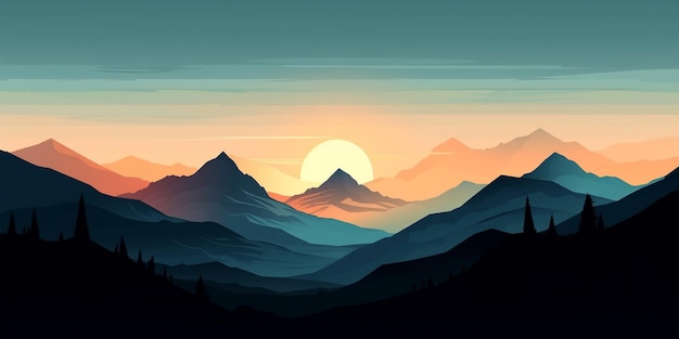 Landscape background with mountains and hills at sunset or sunrise wallpaper print Generated AI