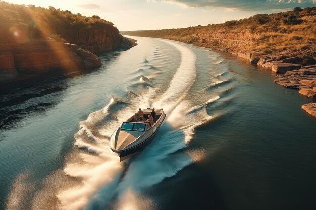 Landscape of banks of the river speed boat on the river summer day