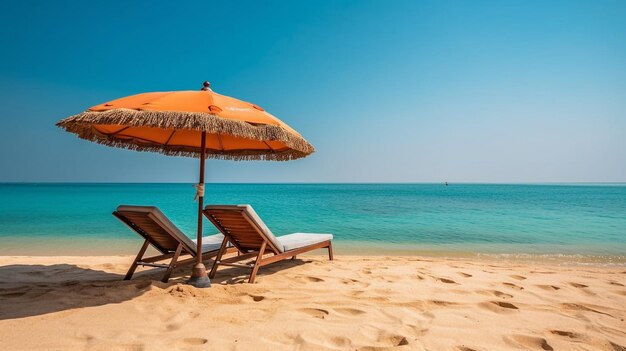 Photo landscape beach chairs and umbrella on stunning tropical beachgenerative ai