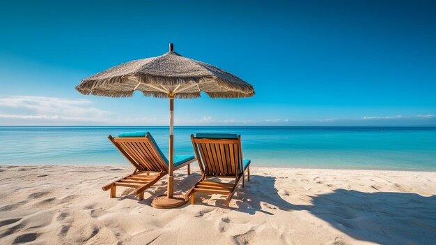 Photo landscape beach chairs and umbrella on stunning tropical beachgenerative ai