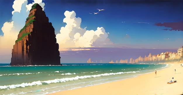 Landscape Beach Ocean Sunset Childrens book illustration Generative AI Fantasy Digital Art