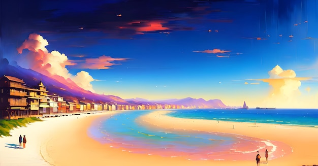 風景 ビーチ 海 夕日 児童書 イラスト 生成 AI ファンタジー デジタル アート