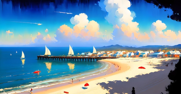 Landscape Beach Ocean Sunset Childrens book illustration Generative AI Fantasy Digital Art