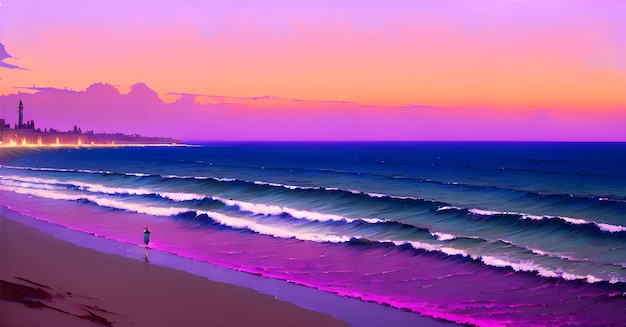 Landscape Beach Ocean Sunset Childrens book illustration Generative AI Fantasy Digital Art