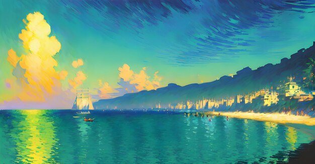 Landscape Beach Ocean Sunset Childrens book illustration Generative AI Fantasy Digital Art