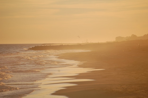 Landscape of beautiful beach in Barcelona during sunset