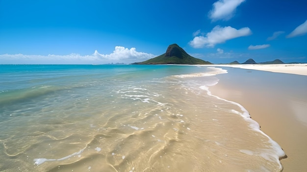 白い砂と澄んだ透明な水の美しいビーチの風景 青い空と地平線の緑の山