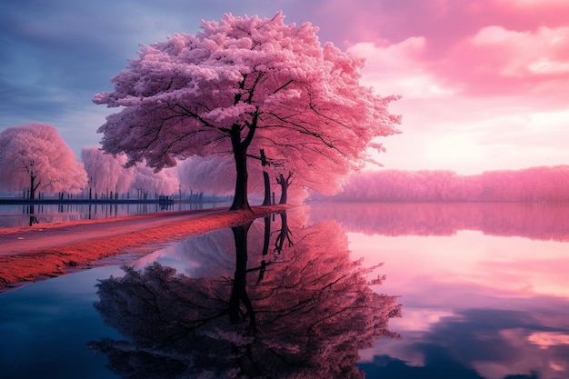 Photo landscape of beautiful pink cherry blossom tree at evening