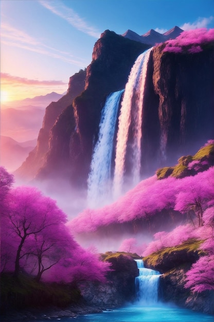 Photo landscape beautiful pink flower sunrise waterfall mountain generative ai