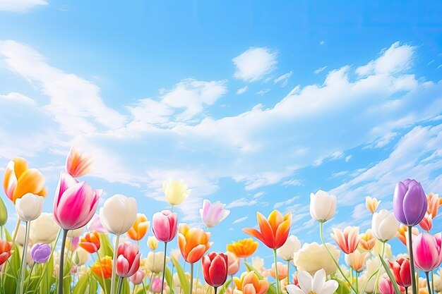 Landscape of beautiful scenery of flowers blooming on the meadow in spring season with sunlight