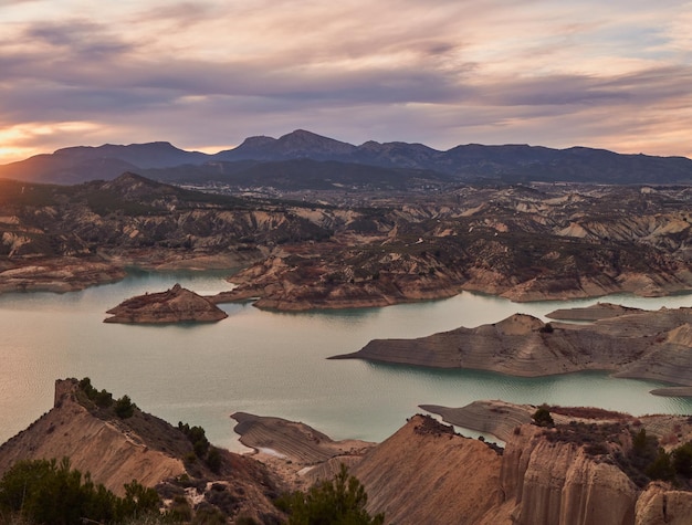 Landscape of a beautiful sunset on a lake. Librilla reservoir