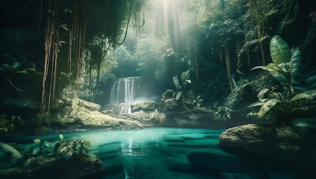 Landscape of a beautiful waterfall in a rainforest