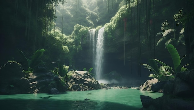 Landscape of a beautiful waterfall in a rainforest