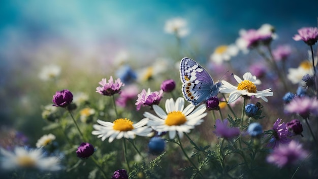 Landscape Beautiful wild flowers chamomile purple wild peas butterfly