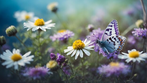 Landscape Beautiful wild flowers chamomile purple wild peas butterfly