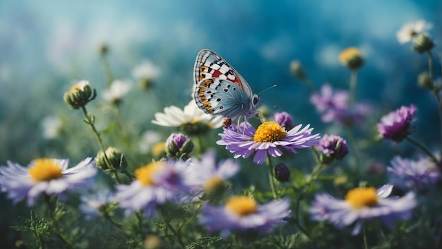 풍경 아름다운 야생 꽃 카모밀 보라색 야생 완두콩 나비