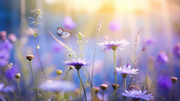 Landscape of beautiful wildflowers in cool blue colors