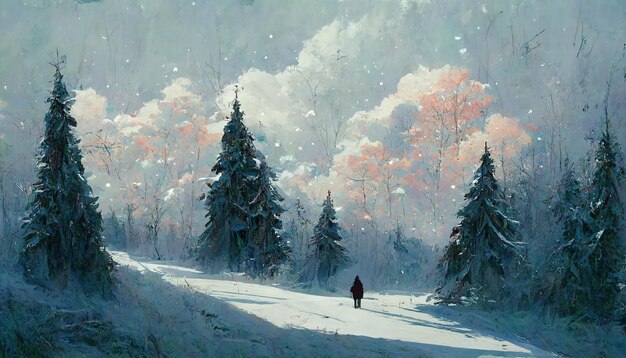landscape beautiful winter misty forest with pines tree