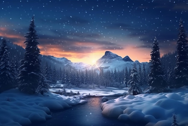 Пейзаж красоты ночного неба и снега генеративный ИИ
