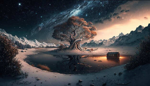 Landscape big tree amd mountain winter Ai generate