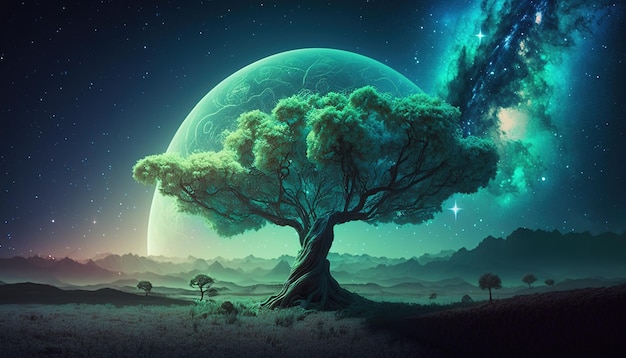 landscape big tree full moon night ecology Ai generate