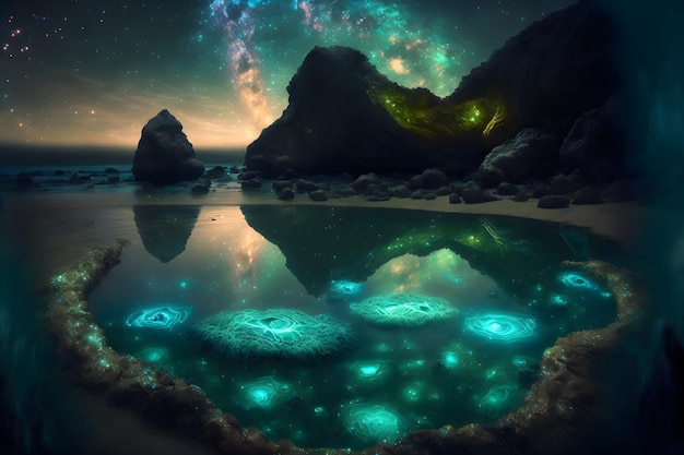 Landscape Bioluminescence glowing plankton in water fantasy luminescent algae in mountain lake at night stunningly beautiful scene Stars reflected in water 3d illustration