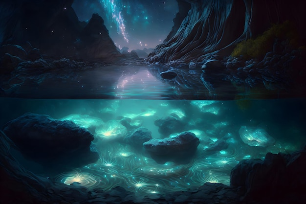 Landscape Bioluminescence glowing plankton in water fantasy luminescent algae in mountain lake at night stunningly beautiful scene Stars reflected in water 3d illustration