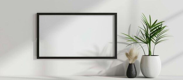 Photo a landscape black photo frame mockup displayed on a white wall