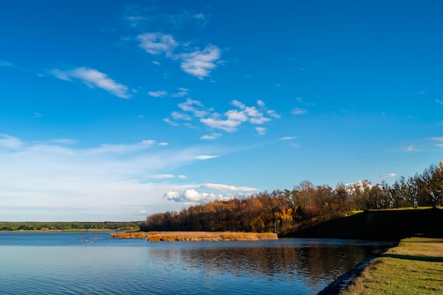 A landscape of a blue lake in the middle of vegetation