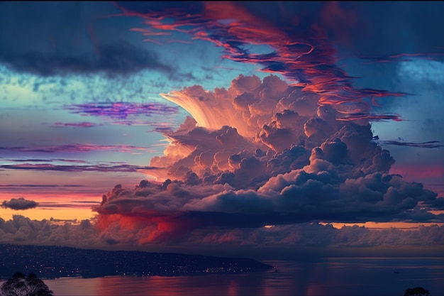 Пейзаж голубого неба и облаков над побережьем и морем с использованием генеративной технологии ИИ