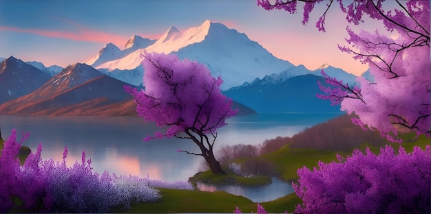 Landscape of bright purple blooming landscape