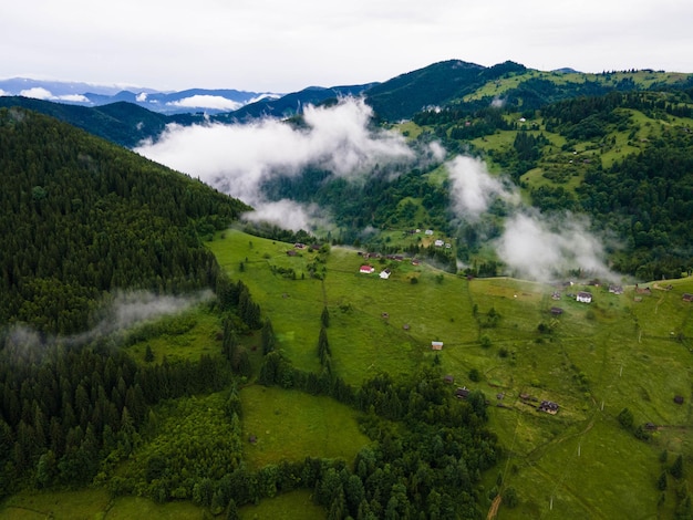 Carpathian 산에서 밝은 여름날의 풍경, 숲, 푸른 언덕, 마을의 파노라마