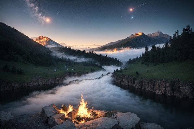 Landscape of a burning forest with a river at night