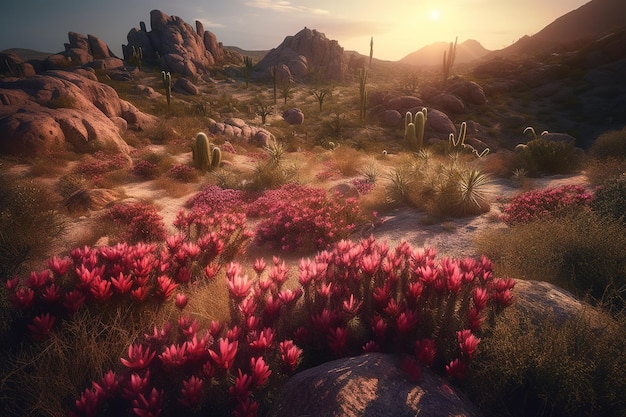 a landscape of cactus and pink flowers set in the desert