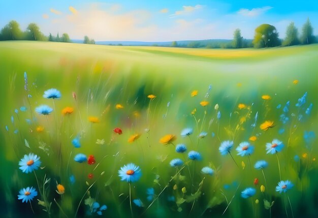 Photo landscape on canvas oil painting of a summer meadow with wildflowers under a blue sky