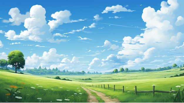 landscape cartoon scene background green field with white fluffy cloud and blue sky on summer day