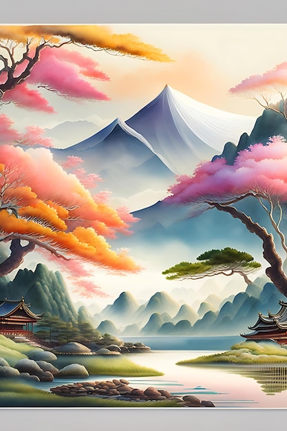 Пейзаж в китайском и японском стиле акварелью