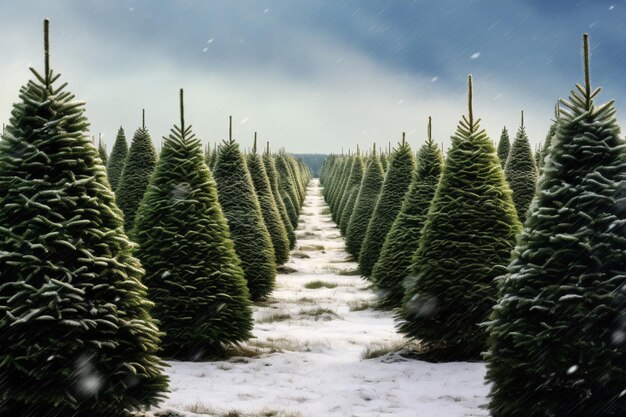 Landscape Christmas pine tree farm blanketed in white snow amidst lush fir trees in winter season