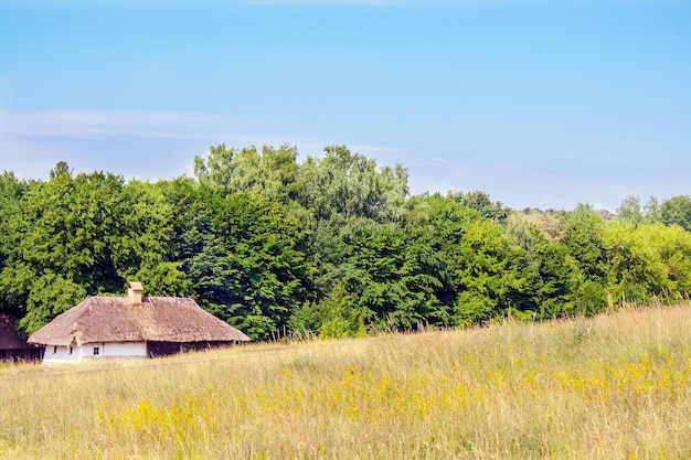 Landscape clay and wooden hut thatched Ukrainian