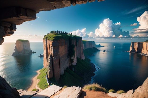 A landscape of a cliff with a blue sky and clouds