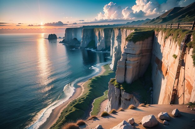 A landscape of cliffs with a sunset in the background