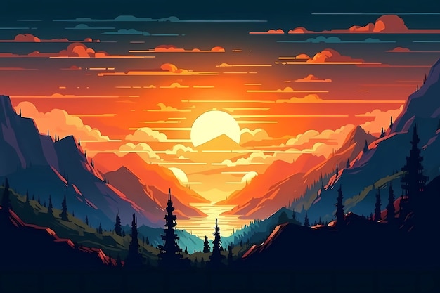 Landscape of a colorful sunset over a mountain range digital art illustration