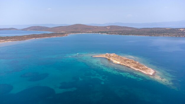 Landscape, colorful, touristy, travel, beach, turkey, seaside, blue, panorama, sunlight, monastery, hill, coast, mediterranean, touristic, water, ancient, aegean, ayvalik, old, island, town, sky, patr