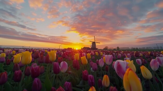 Landscape of colorful tulip field and traditional dutch windmill in Netherland