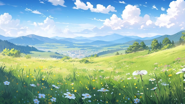 Landscape countryside cartoon scene background view from the top of mountain generative ai