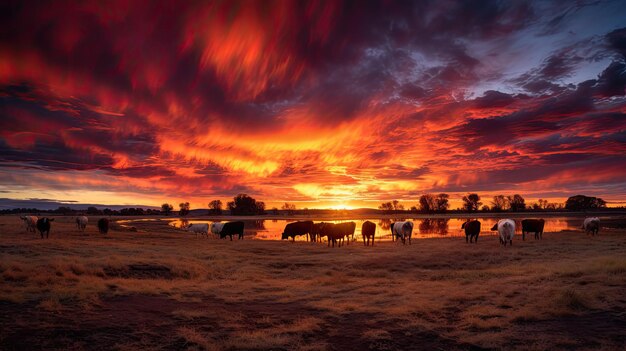 Photo landscape cows sunset