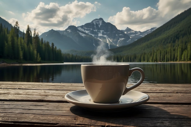 A landscape of a cup of coffee with a lake