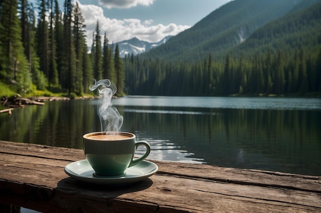 A landscape of a cup of coffee with a lake