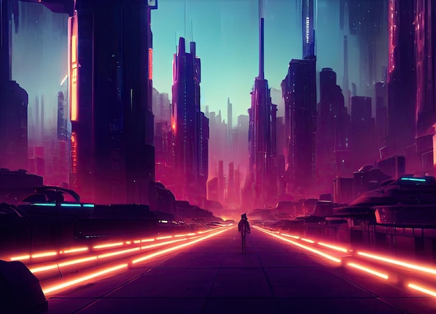 Landscape of a cyberpunk street at night with futuristic neon\
and ultraviolet light background