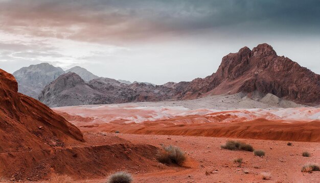Landscape of desert with mountains on red planet Mars Orange sand and gray sky